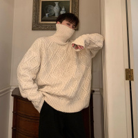 【COMEACROSS】冬季加厚韩版针织衫宽松套头菱格高领毛衣男女