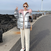 【秀衣记】狐狸大毛领冬装短款羽绒服女2020韩版双面穿银粉色亮面羽绒