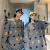 【秀衣记】秋冬韩版笑脸情侣毛衣潮流宽松时尚灰套头针织衫男