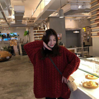 【COMEACROSS】秋冬季车厘子红色麻花毛衣复古气质圆领中长款针织外穿