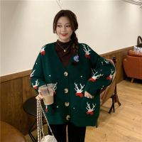 【COMEACROSS】2020秋冬新款chic甜美圣诞印花V领温柔风开衫毛衣女