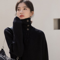 【COMEACROSS】新款女外穿宽松高领扣子中长款针织毛衣