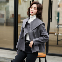 【COMEACROSS】毛呢新款时尚海军领纯色休闲斗篷牛角扣小个子外套