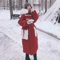 【秀衣记】主推圣诞红冬牛角扣羊羔毛拼接棉服