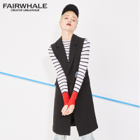 马克华菲女装2018春季新品时尚中长款黑色马夹 西装领印花外套