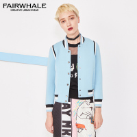 马克华菲女装2018春季新品时尚短款夹克休闲撞色印花外套棒球服