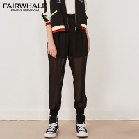 马克华菲女装2018秋季新品时尚休闲哈伦裤 网纱透视亮丝黑色裤子