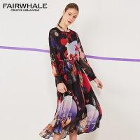 马克华菲女装2018秋季长袖连衣裙 印花收腰中长款连衣裙秋 000均色 L