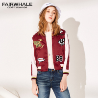 马克华菲女装2018春新品短外套休闲时尚夹克长袖外套女酒红色