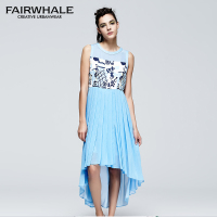 马克华菲女装2018夏季新品无袖圆领撞色拼接褶皱连衣