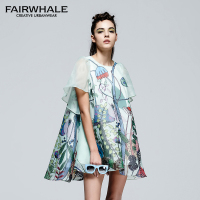 马克华菲女装2018夏季新品圆领绿色印花欧根纱连衣裙