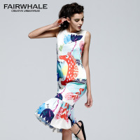马克华菲女装2017年夏季新品中长款童趣水彩鱼尾连衣裙