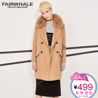 马克华菲女装2017秋冬新品中长款休闲字母长袖加厚毛领呢大衣