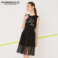 马克华菲女装2017秋季新品背心连衣裙 复古无袖修身连衣裙 网纱裙