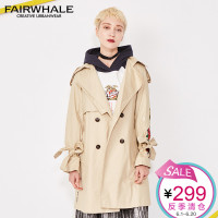 马克华菲女装2018春季新品中长款风衣 时尚蝴蝶结花鸟刺绣外套