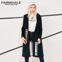 马克华菲女装2017秋冬新品中长款呢子大衣 字母贴布修身外套