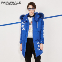 马克华菲女装2017秋冬新品狐狸毛领字母中长款羽绒服