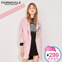 马克华菲女装2017秋冬新品绣花羊毛大衣 粉色毛呢外套