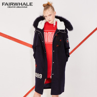 马克华菲女装2017秋季新品中长款毛呢大衣 休闲数字贴布大衣外套