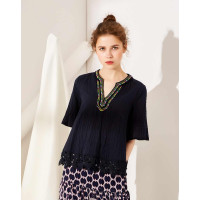 马克华菲女装夏新品衬衫 民族风短袖衬衫大V领宽松棉布上衣