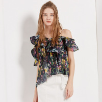 马克华菲女装夏新品时复古碎花衬衫女性感收腰荷叶边雪纺衫