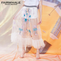 马克华菲女装2019夏刺绣纱半身裙 白色纱裙百褶裙