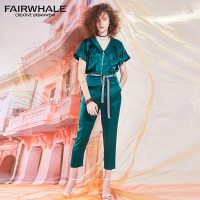 马克华菲女装2019新款绿色雪纺连体裤女夏 束腰工装七分裤