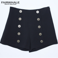 马克华菲女装2019 纽扣直筒短裤 黑色学院风裤子