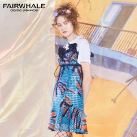 马克华菲女装2019夏季木耳边吊带连衣裙 印花抹胸性感裙子