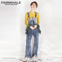 马克华菲女装2019夏新款背带牛仔裤女喇叭筒 不规则拼接做旧长裤