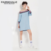 马克华菲女装2019夏新款文艺蓝色连衣裙名族风大圆领学生直筒裙