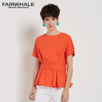马克华菲女装2019夏新款收腰纯棉短袖T恤女潮时尚拉链橙色上衣