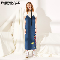 马克华菲女装2019T恤牛仔裙两件套 学生开叉吊带裙