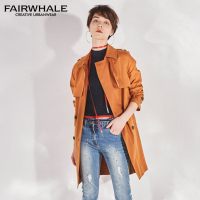 马克华菲女装2019秋冬新款中长款西装领外套 双排扣腰带风衣