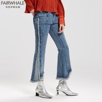 马克华菲女装2019夏新款微喇毛边牛仔裤女九分不规则撕边裤子