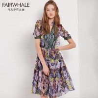 马克华菲女装2019夏淑女碎花雪纺连衣裙公主领初恋裙女 学生