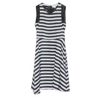 马克华菲女装2019夏新款无袖露腰镂空连衣裙黑白条纹学生中长裙