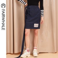 马克华菲女装2019夏冬新款细带A字短裙贴布半身裙