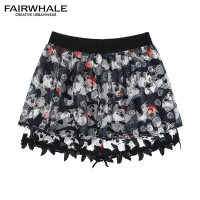 马克华菲女装2019夏新跨潮都市学生印花短裤纱镂空拼接裙裤