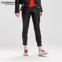 马克华菲女装2019夏季新款植绒百搭休闲裤 白色条纹直筒裤