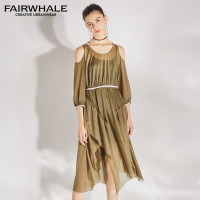 马克华菲女装2019夏新款不规则漏肩收腰连衣裙