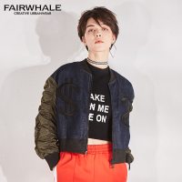 马克华菲女装2019春季新款短款撞色夹克 长袖圆领字母绣花外套