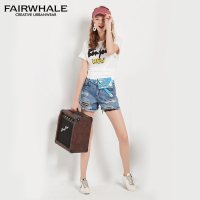 马克华菲女装2019夏季新款纯棉简约白色T恤女短袖 绑带收腰上衣