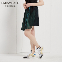 马克华菲女装2019夏新款一片式半身裙 墨绿色不规则 拼接腰带款