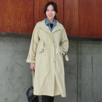 马克华菲女装19年春夏新款单排扣抽绳收腰女式风衣纯色斜插袋翻领女款外套假两件套