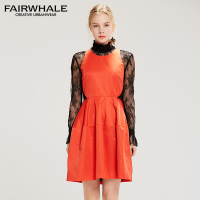 马克华菲女装2019夏季长袖假两件套连衣裙 A字高腰百褶裙