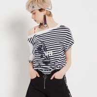 2018春夏新款拼接撞色条纹短袖T恤