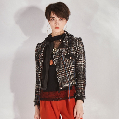 马克华菲女装2019春季新款拼接撞色格纹女式夹克