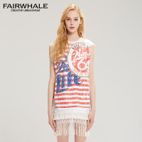 马克华菲女装2019夏季无袖中裙 流苏时尚拼接字母连衣裙