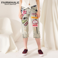 马克华菲女装2019夏牛仔裤 贴布牛仔裤 水洗模板牛仔九分裤